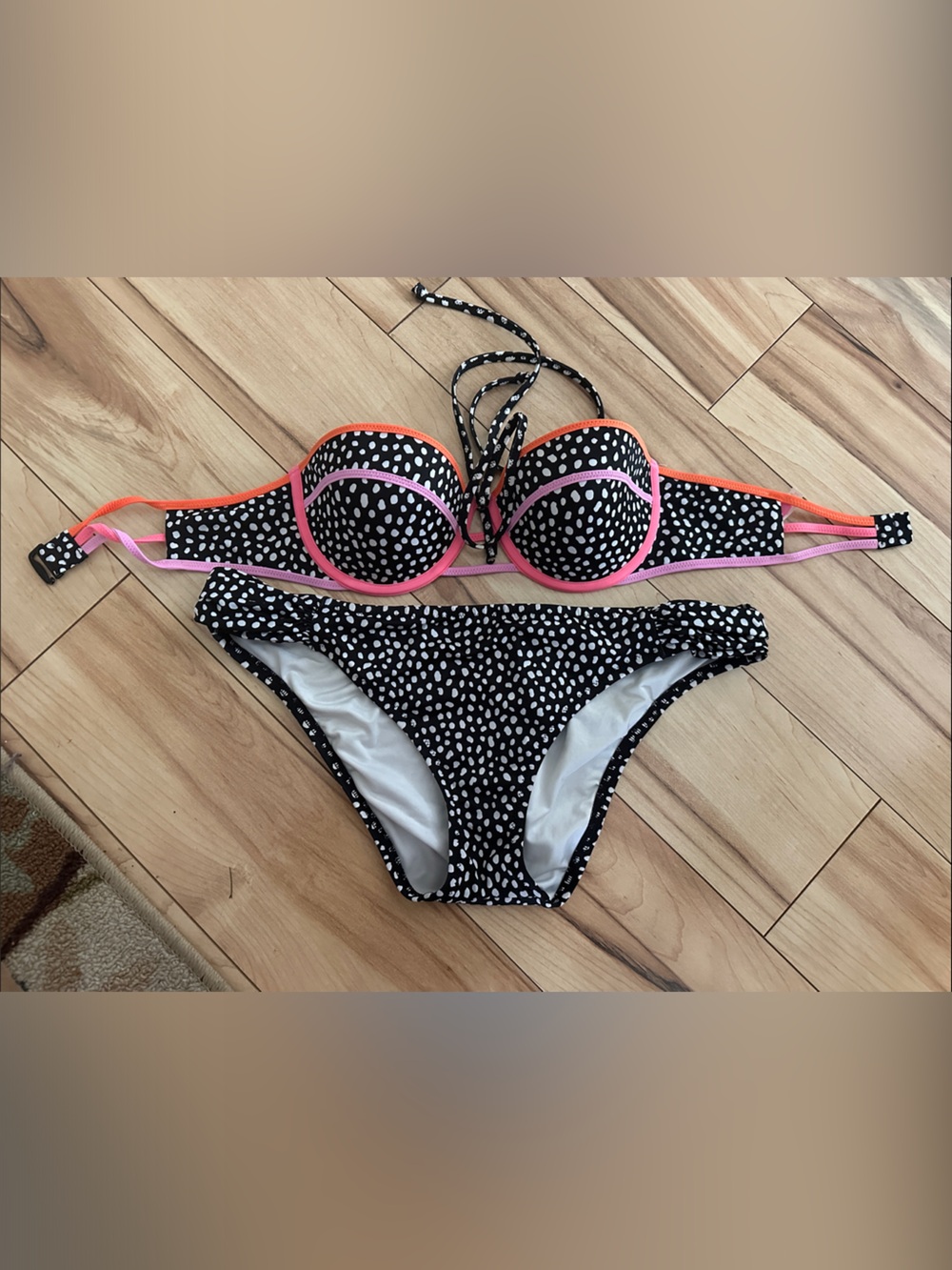 Victoria's Secret Black and White Polka Dot Bikini with Neon Trim